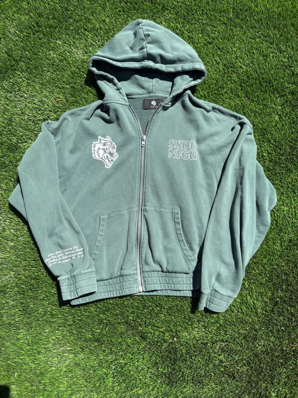Darc Sport SSDD NFGU Dusty Teal Zip-Up Hoodie with Wolf Graphic
